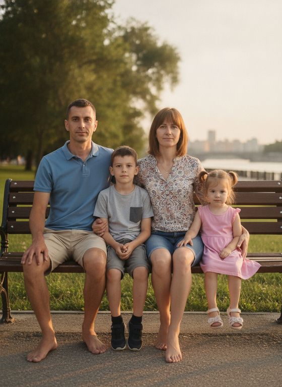 Семейная прогулка — 5 кадров — На скамейке
