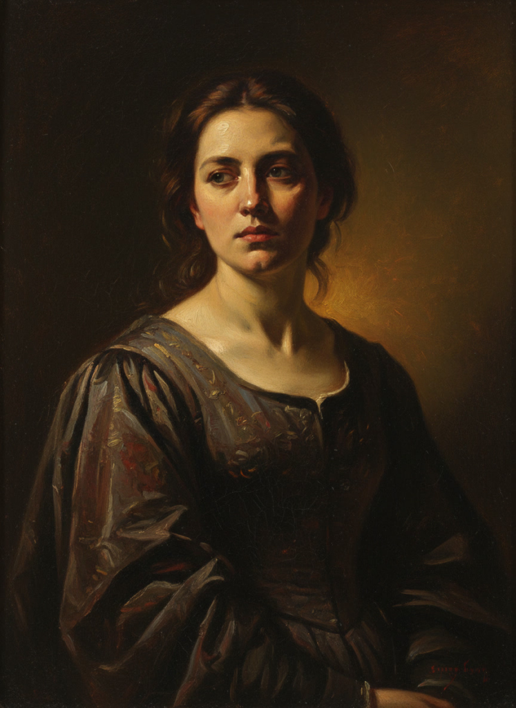 Пример по промту: Oil painting: portrait of a woman in a dark dress, chest-up, warm light from the left. Vis