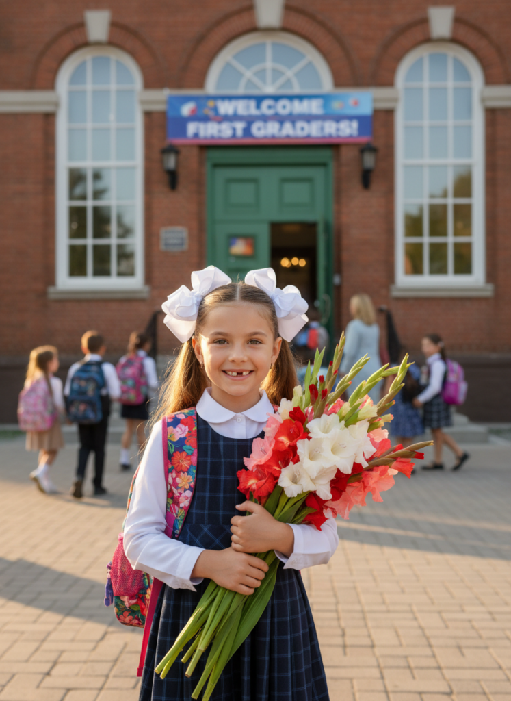 Пример по промту: Photorealistic photo of a 7-year-old first-grader on the first day of school: white blouse