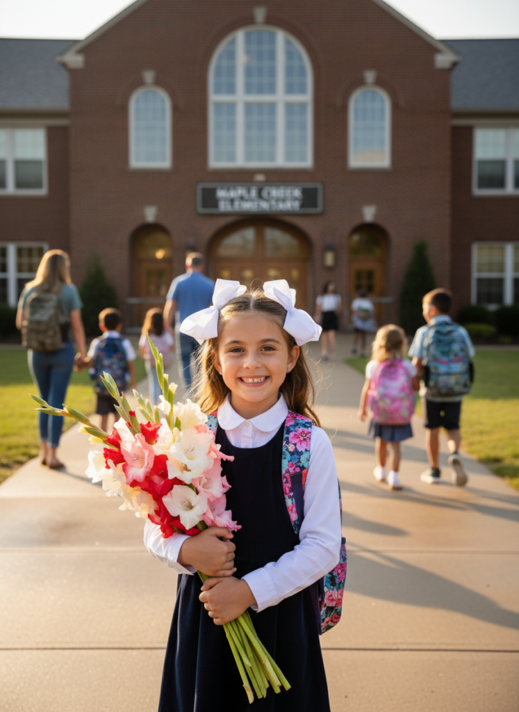 Пример по промту: Photorealistic photo of a 7-year-old first-grader on the first day of school: white blouse