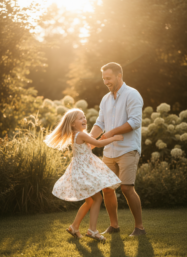 Пример по промту: Photorealistic photo of a father around 35 and his 6-year-old daughter, he spins her in hi