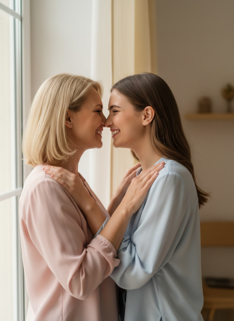 Пример по промту: Photorealistic photo of an adult daughter around 25 and her mother around 55, standing che