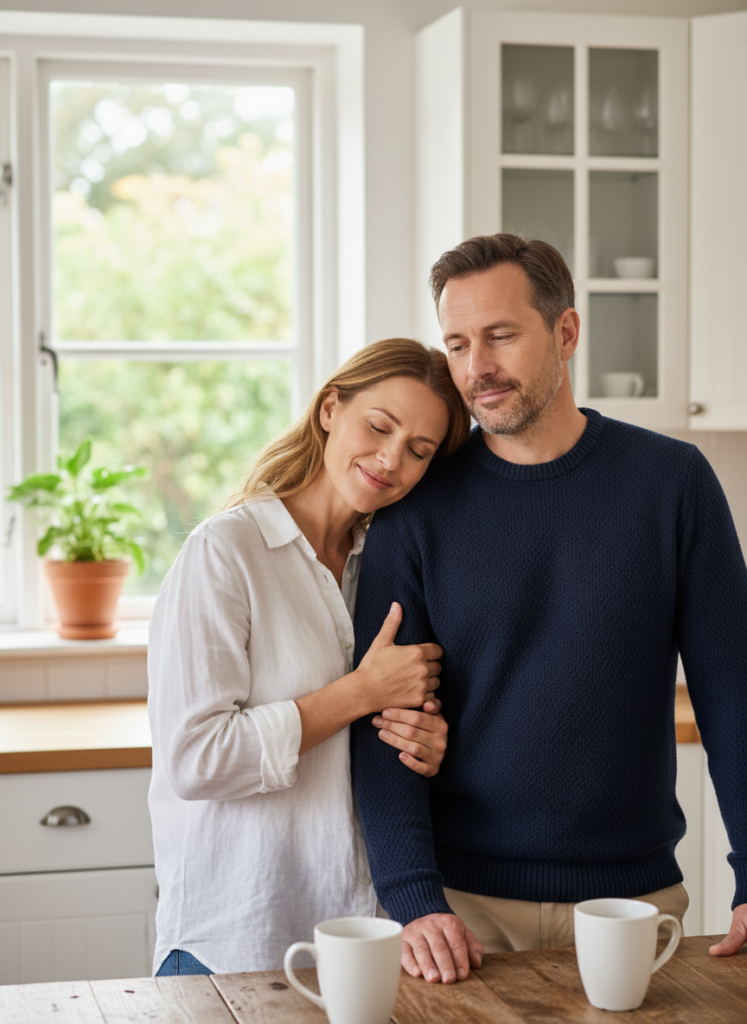 Пример по промту: Photorealistic photo of a married couple around 35 at home, standing in the kitchen by the