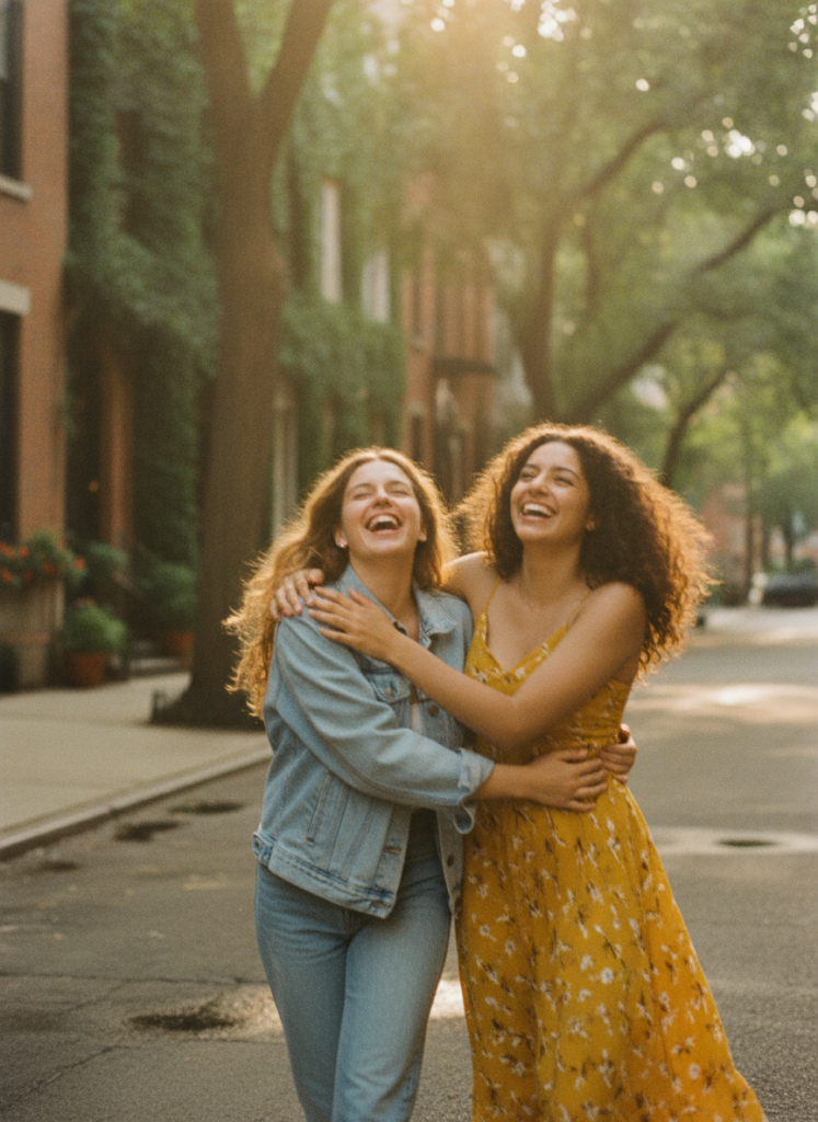 Пример по промту: Photorealistic photo of two female friends around 20, laughing and hugging while walking, 