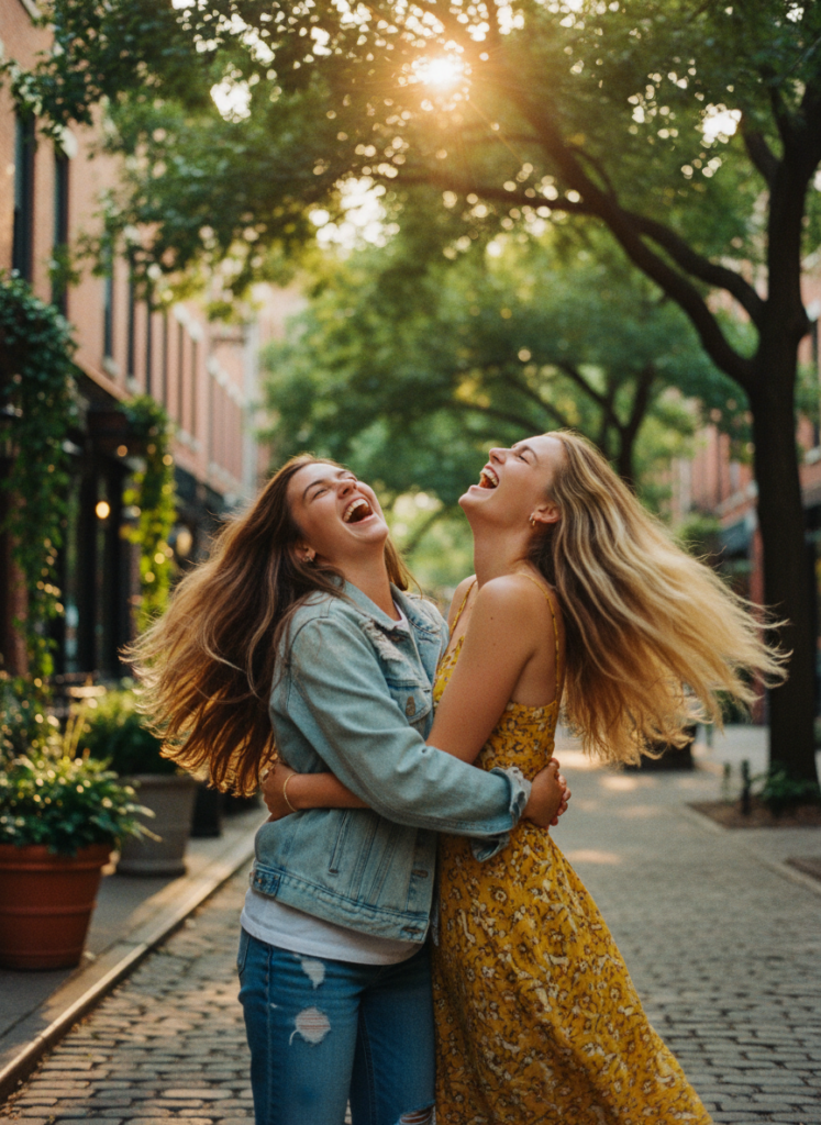 Пример по промту: Photorealistic photo of two female friends around 20, laughing and hugging while walking, 