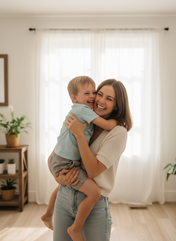Пример по промту: Photorealistic photo of a mother around 30 and her 4-year-old son, she holds him in her ar