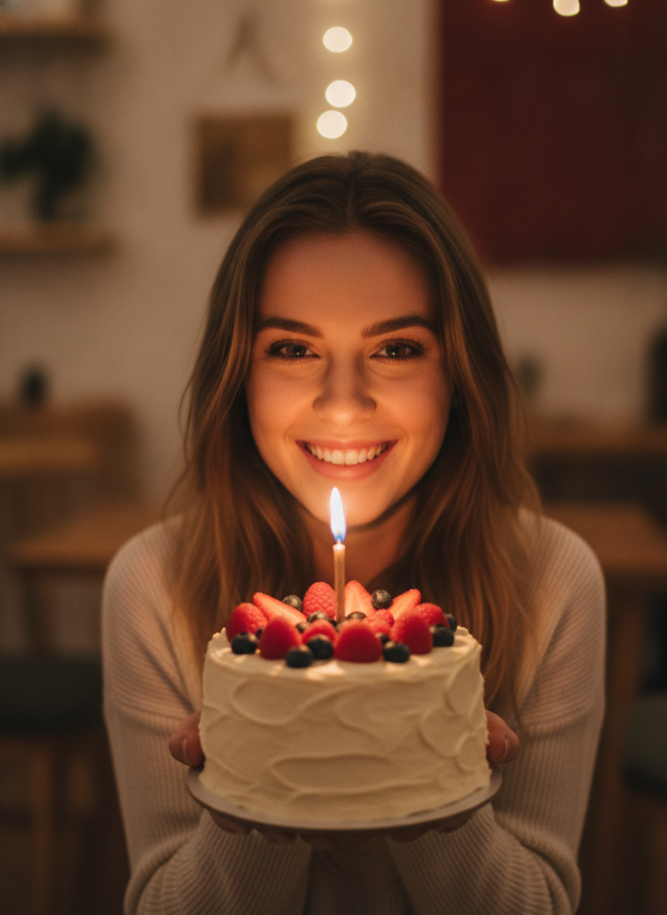 Пример по промту: Photorealistic photo of a woman around 25 holding a small cake with a lit candle and smili