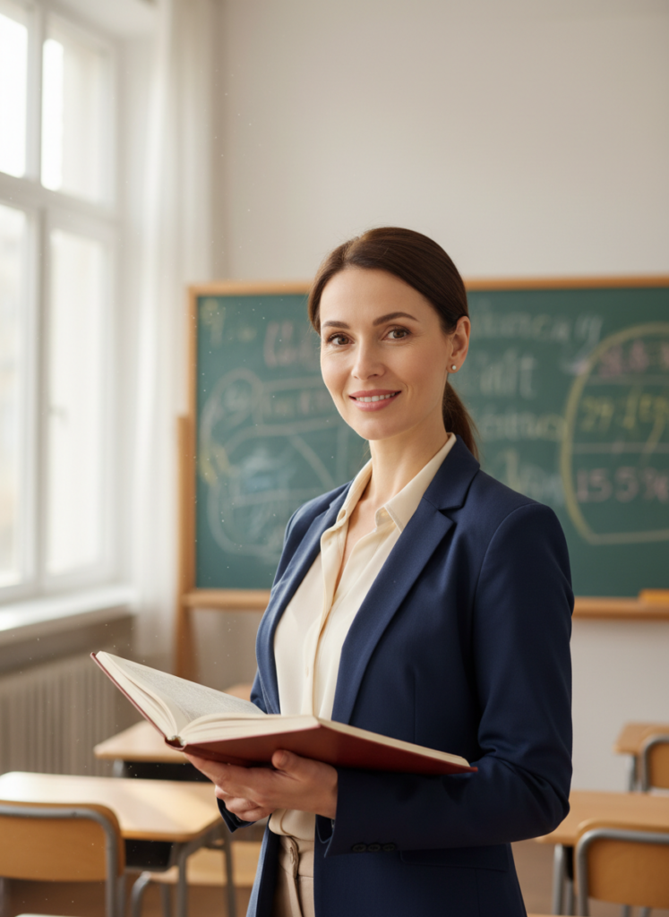 Пример по промту: Photorealistic portrait of a female teacher around 40, waist-up, standing by the blackboar