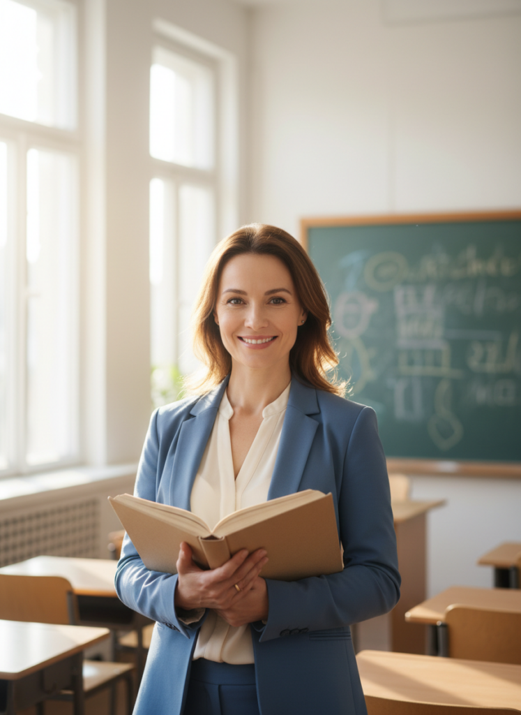 Пример по промту: Photorealistic portrait of a female teacher around 40, waist-up, standing by the blackboar