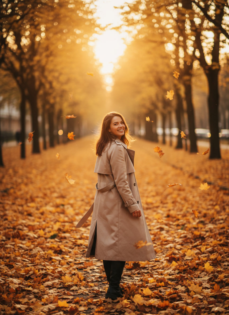 Пример по промту: Photorealistic autumn photo: a woman around 25 in a beige coat walking along an avenue cov