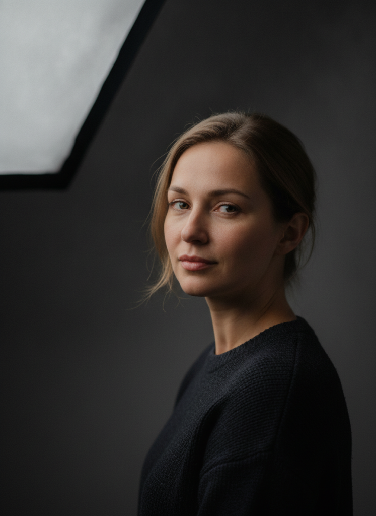 Пример по промту: Photorealistic portrait of a person around 30, waist-up, half-turned to the camera, lookin