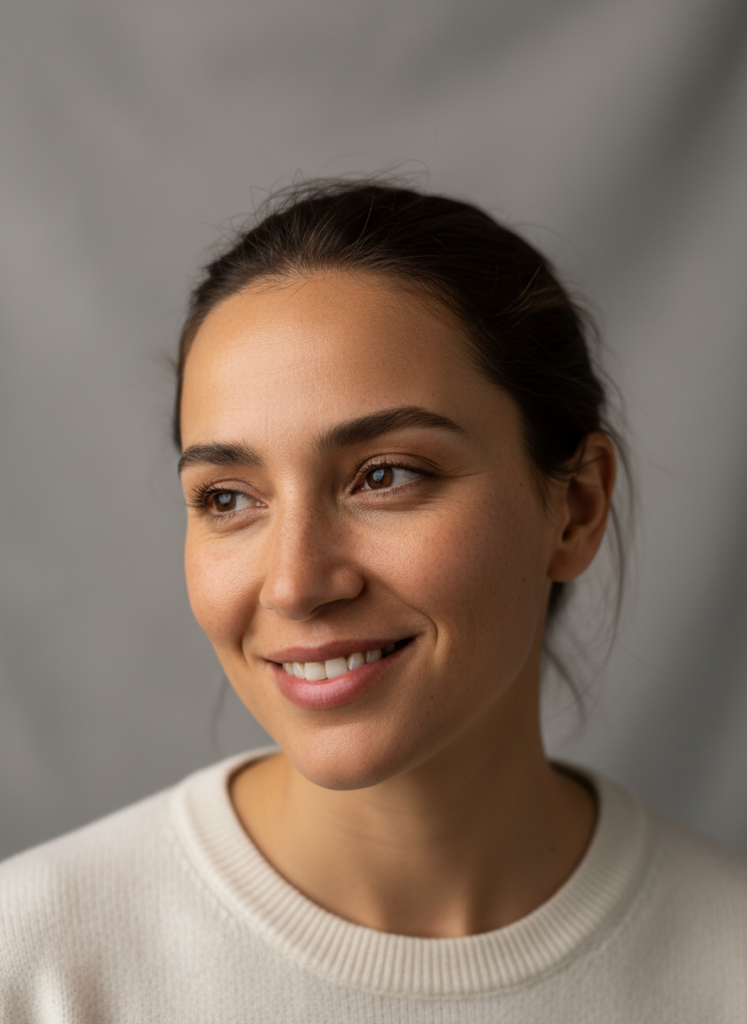 Пример по промту: Photorealistic retouched portrait with even skin tone, visible pores and fine hairs, prese
