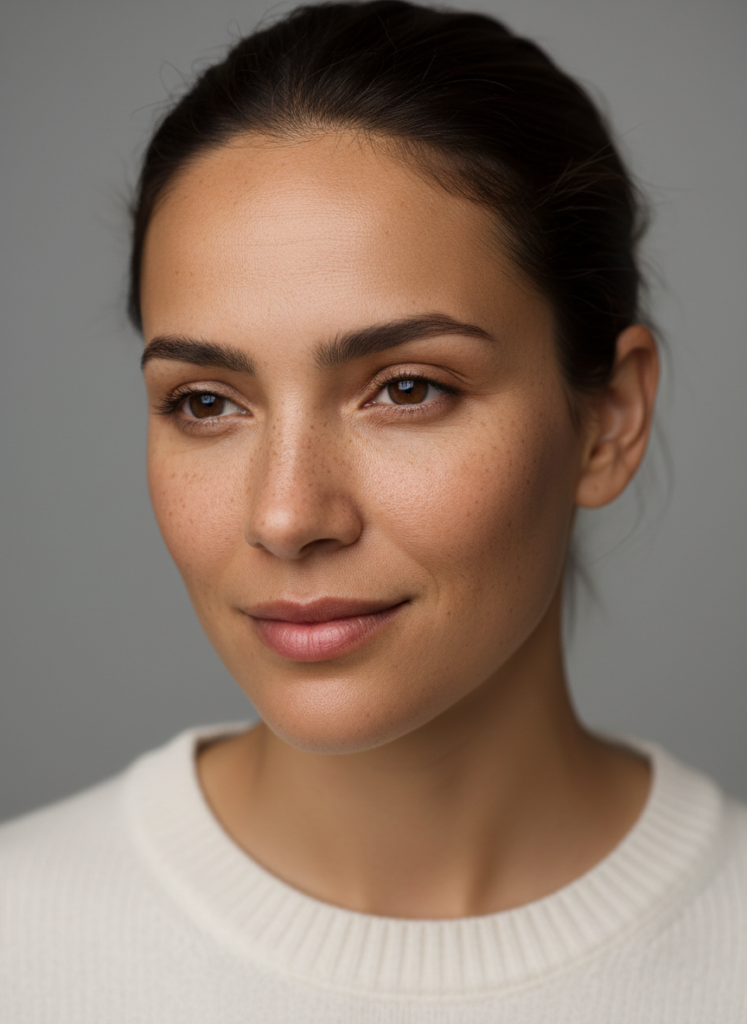 Пример по промту: Photorealistic retouched portrait with even skin tone, visible pores and fine hairs, prese