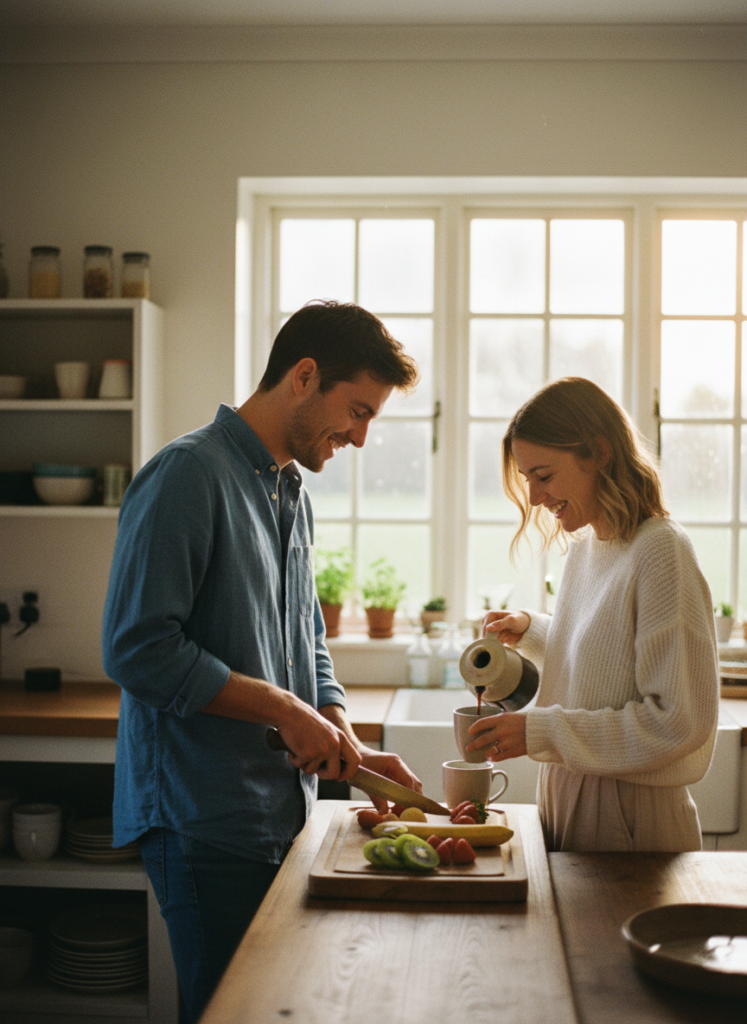 Пример по промту: Photorealistic shot: a couple around 25 in a country house kitchen, making breakfast toget