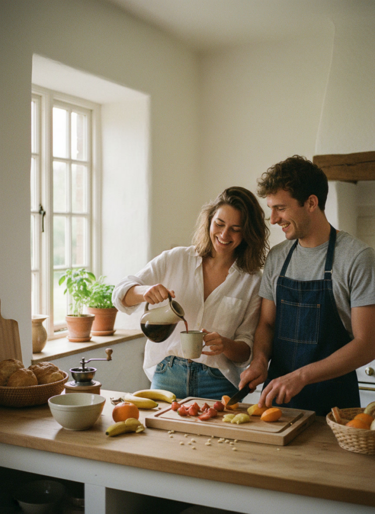 Пример по промту: Photorealistic shot: a couple around 25 in a country house kitchen, making breakfast toget