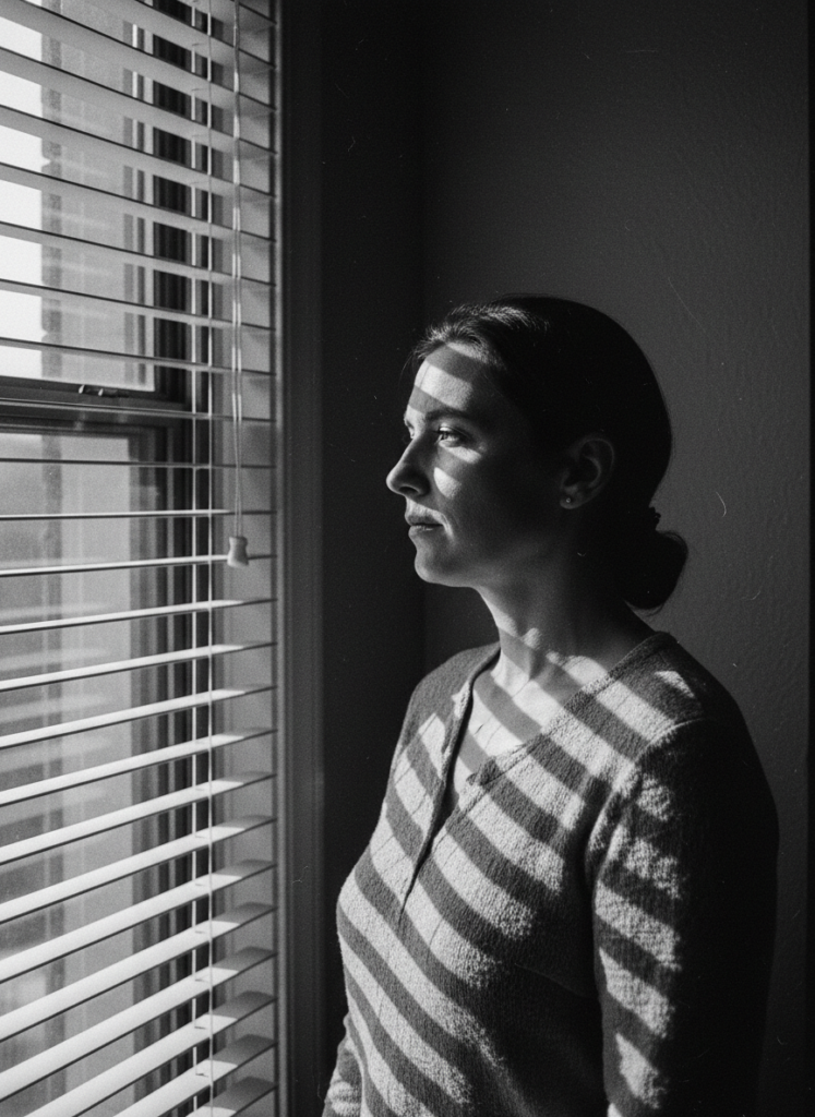 Пример по промту: Photorealistic black and white photo: a person standing by a window, blinds casting stripe