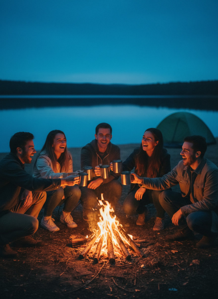 Пример по промту: Photorealistic photo of a group of four friends around 25, sitting around a campfire by a 