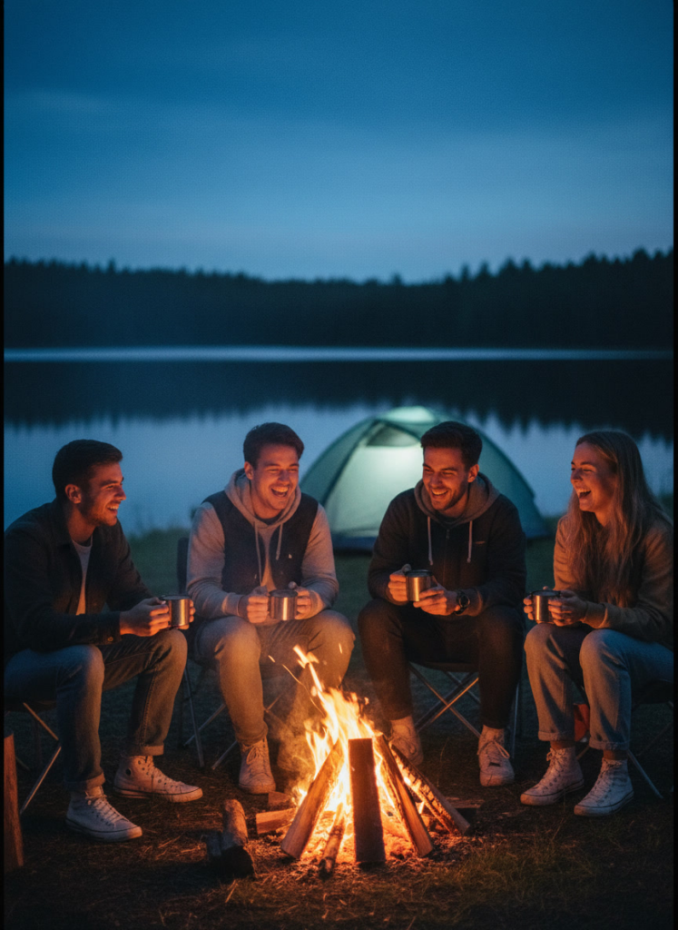 Пример по промту: Photorealistic photo of a group of four friends around 25, sitting around a campfire by a 