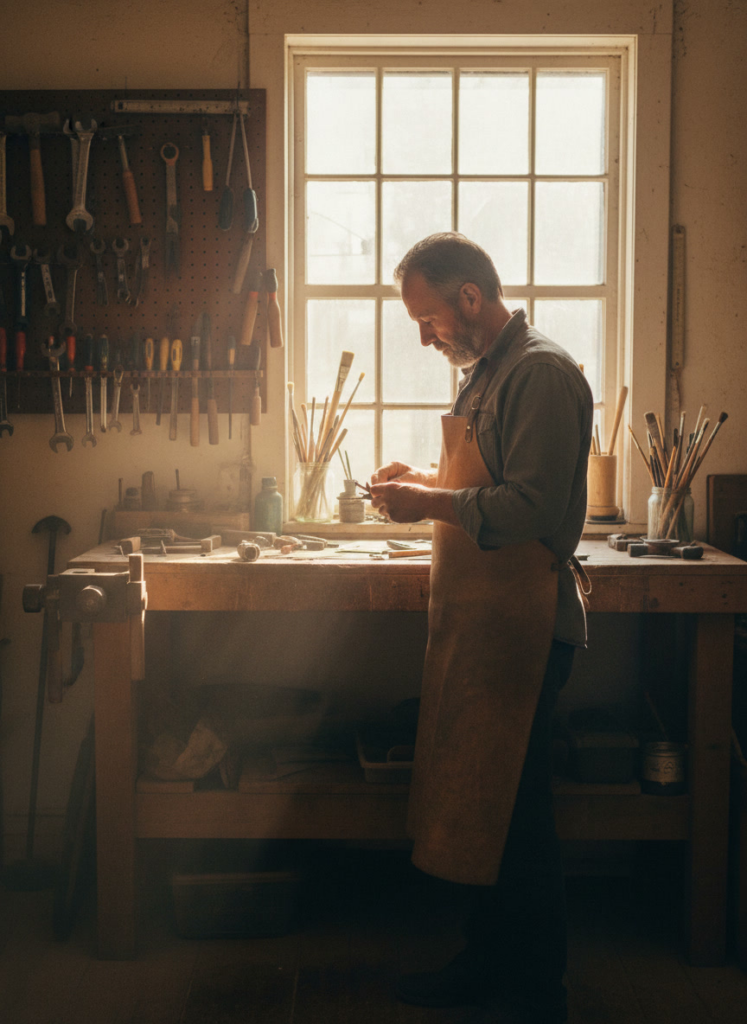 Пример по промту: Photorealistic photo: in a small workshop by the window stands a workbench, behind it a ma
