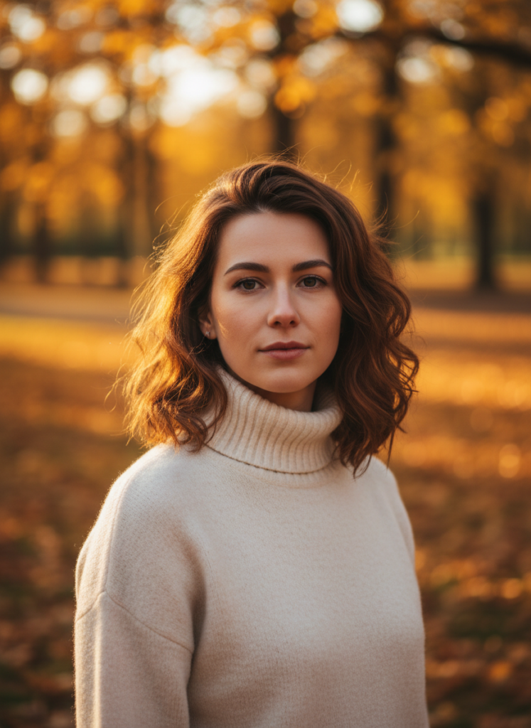 Пример по промту: Photorealistic portrait of a person against a blurred autumn park with golden foliage, war
