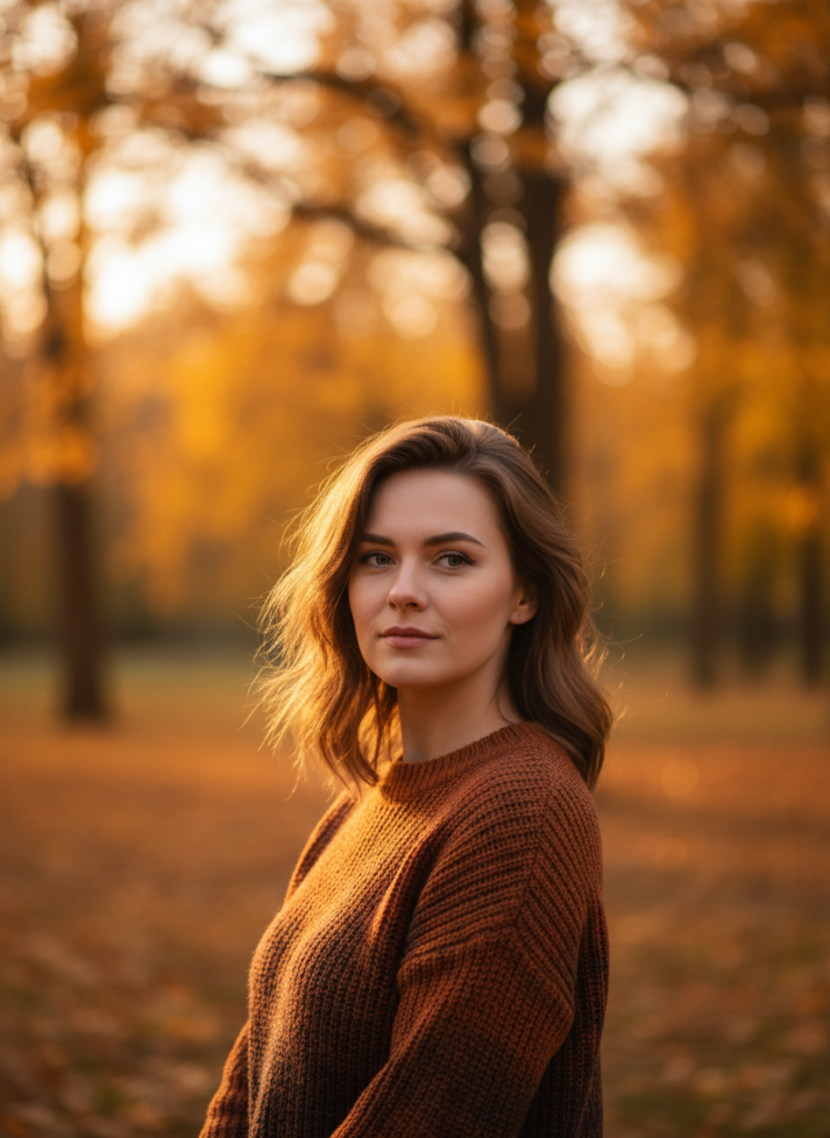 Пример по промту: Photorealistic portrait of a person against a blurred autumn park with golden foliage, war