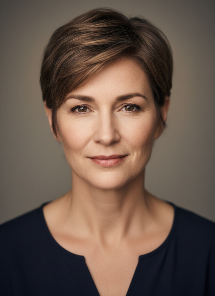 Пример по промту: Photorealistic portrait of a woman around 45, waist-up, confident calm gaze into the camer
