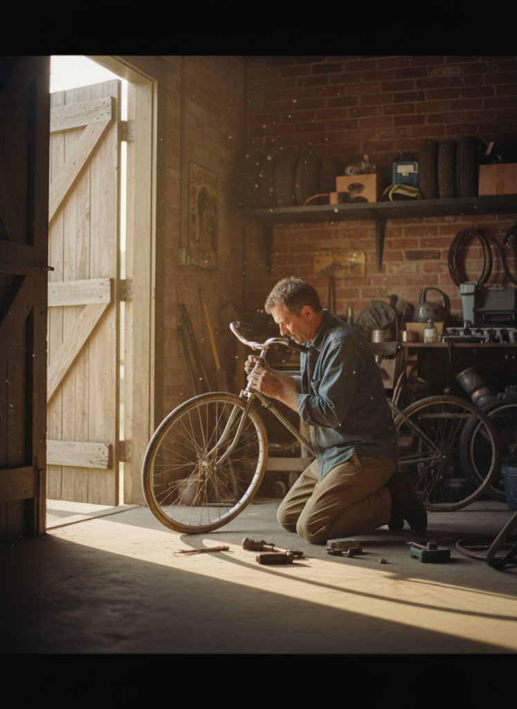 Пример по промту: Photorealistic photo of a man around 45 repairing a bicycle in a garage, warm side light f