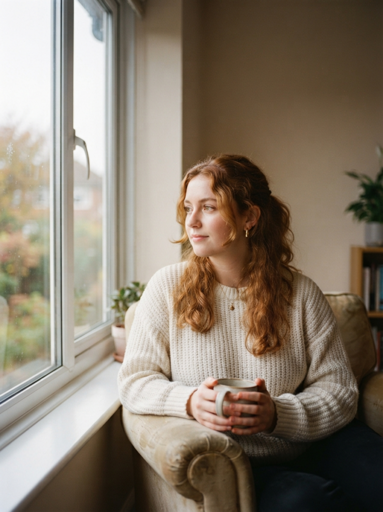 Пример по промту: Photorealistic photo of a person by a window, soft daylight, muted warm palette, plain bac