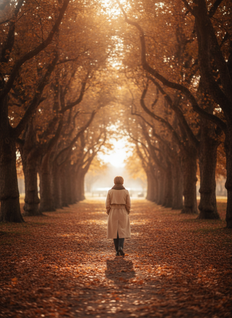 Пример по промту: Photorealistic photo of a person around 30 in a beige coat walking along an autumn avenue,