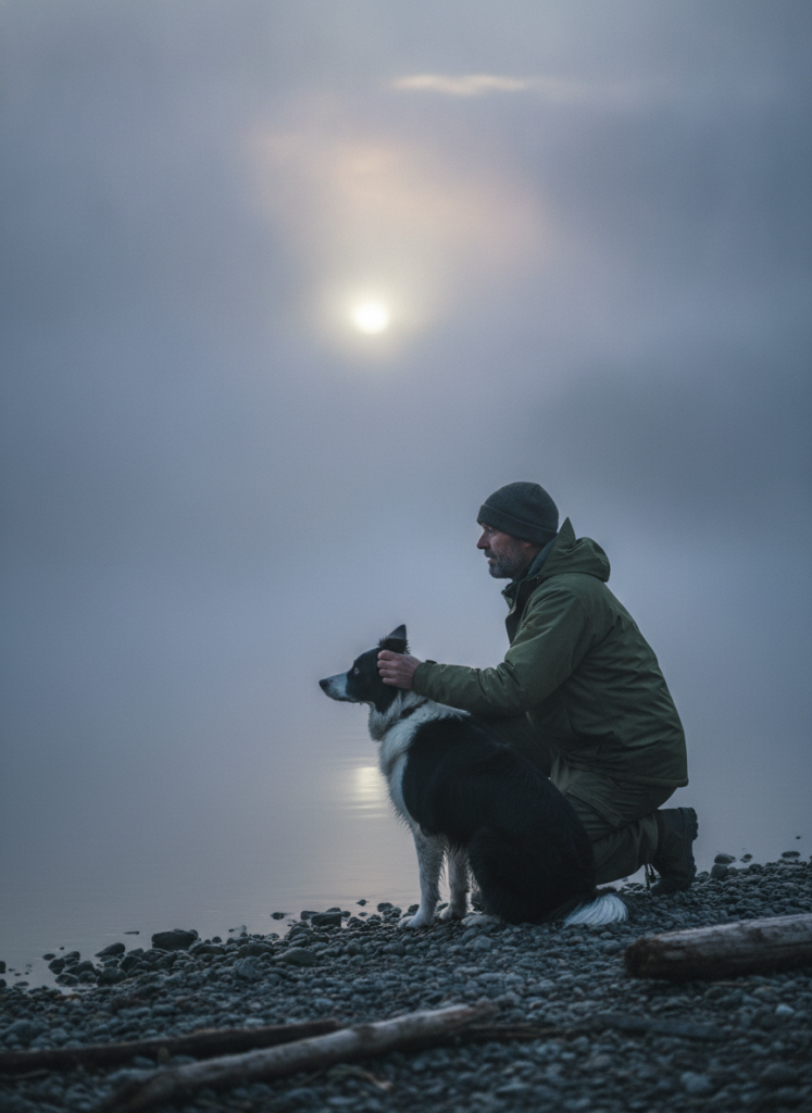 Пример по промту: Photorealistic photo: a man around 40 crouching on a lake shore, ruffling a border collie'