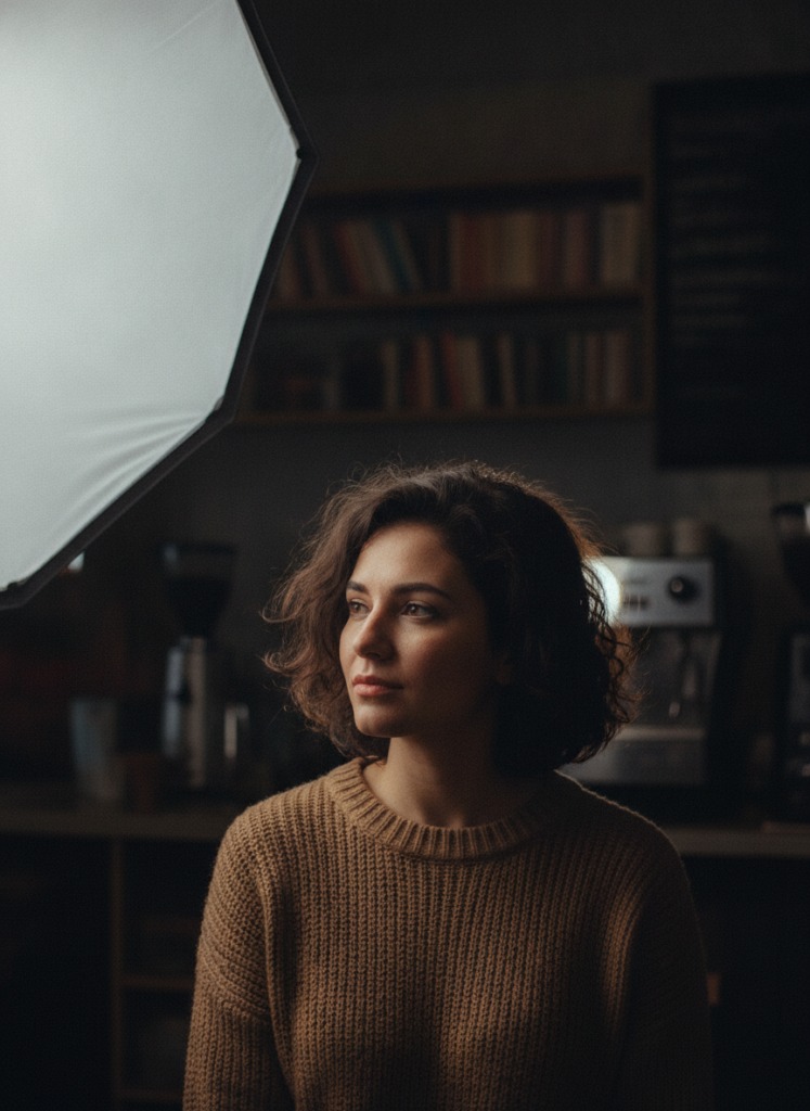 Пример по промту: Photorealistic portrait: waist-up, shot on 85mm at f/1.8, key light — octabox on the left 