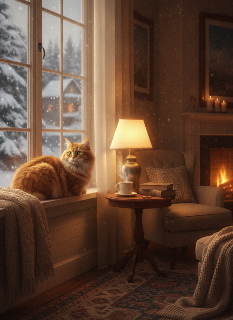 Пример по промту: Draw a photorealistic photo: a ginger cat sitting on a windowsill, snow falling outside, w