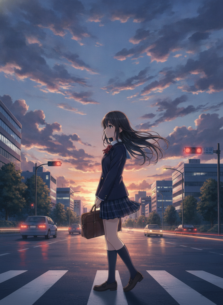 Пример по промту: Modern anime illustration: a girl in a school uniform standing at a crosswalk in an evenin