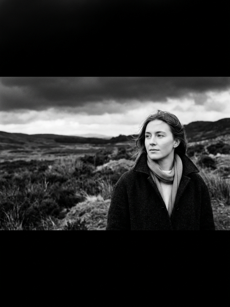Пример по промту: Photorealistic black and white film-style photo of a person outdoors, dark sky, light clea