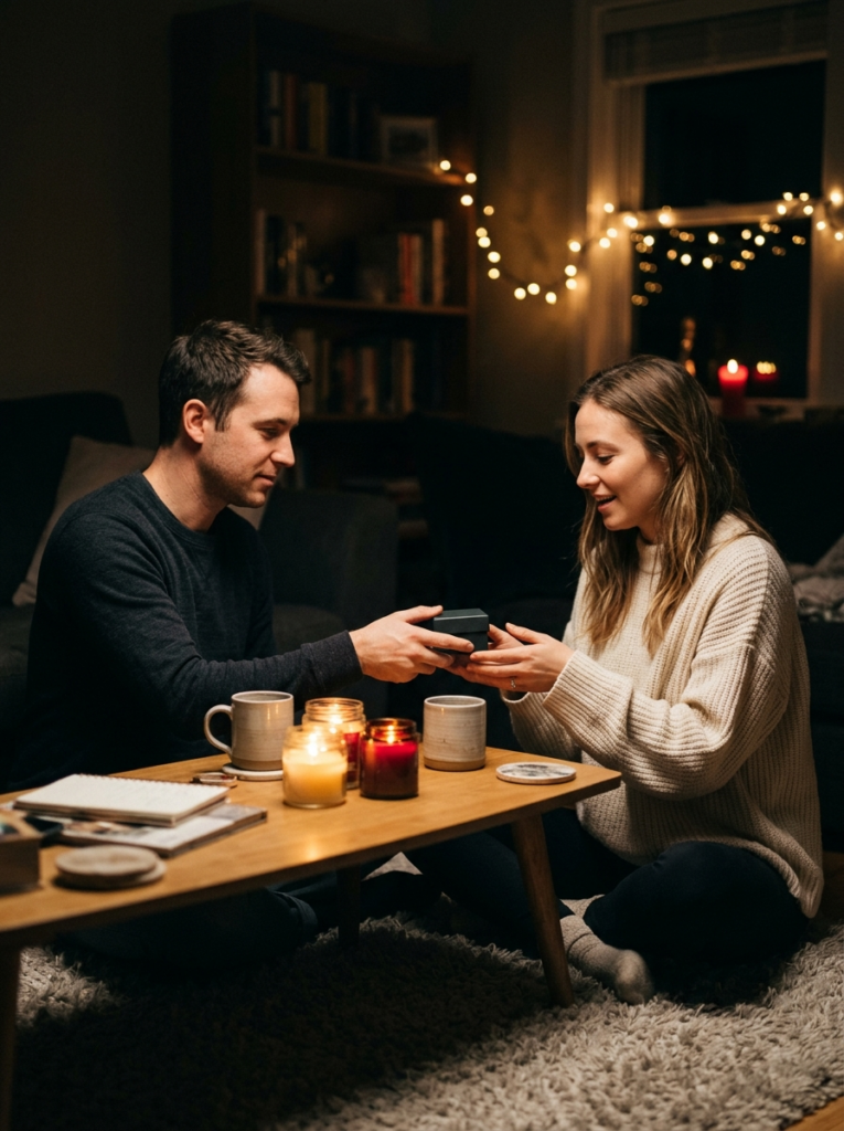 Пример по промту: Photorealistic photo of a couple at home in the evening: sitting on the floor by a coffee 