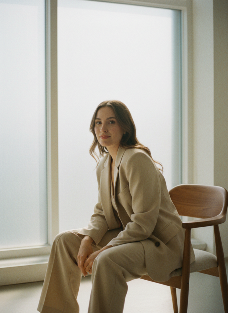 Пример по промту: Photorealistic photo session, frame 1 of 4. Consistent style: a woman around 26 in a beige