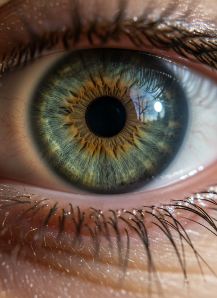Пример по промту: Photorealistic macro photo of a human eye: a richly detailed iris with fine strands, green