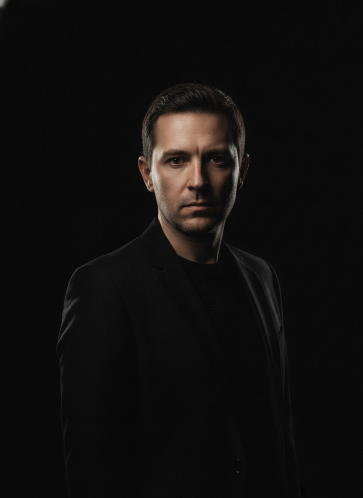 Пример по промту: Photorealistic portrait on a deep black background: a man around 35, waist-up, in dark clo