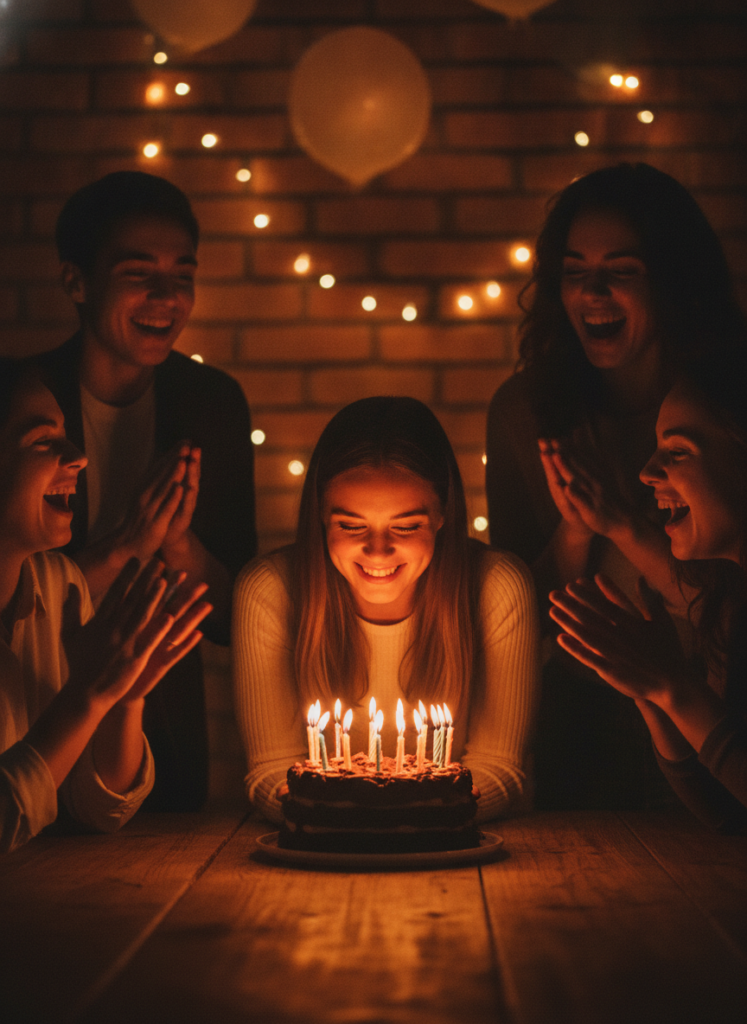 Пример по промту: Photorealistic photo of a birthday celebration: a woman around 25 sitting at a table in fr