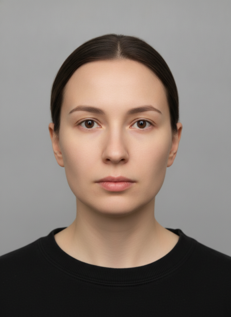 Пример по промту: Photorealistic passport-style portrait of a person, frontal, head straight, neutral expres
