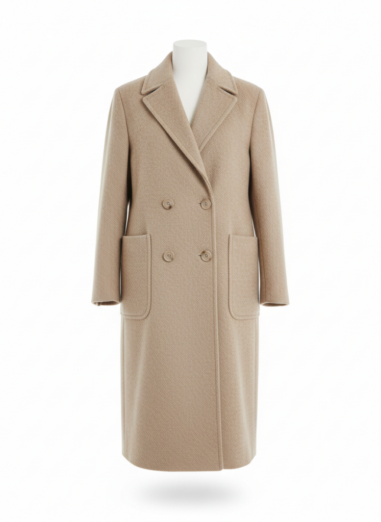 Пример по промту: Photorealistic product shot of clothing for a listing: a beige wool coat on an invisible m
