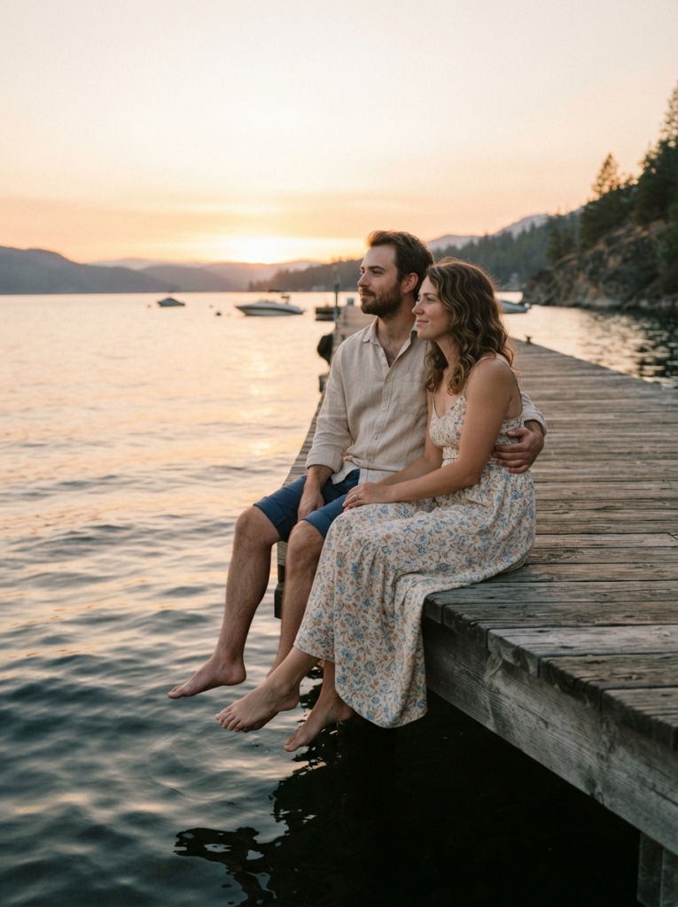 Пример по промту: Photorealistic photo of a couple, a man and a woman around 30, sitting on a wooden pier by
