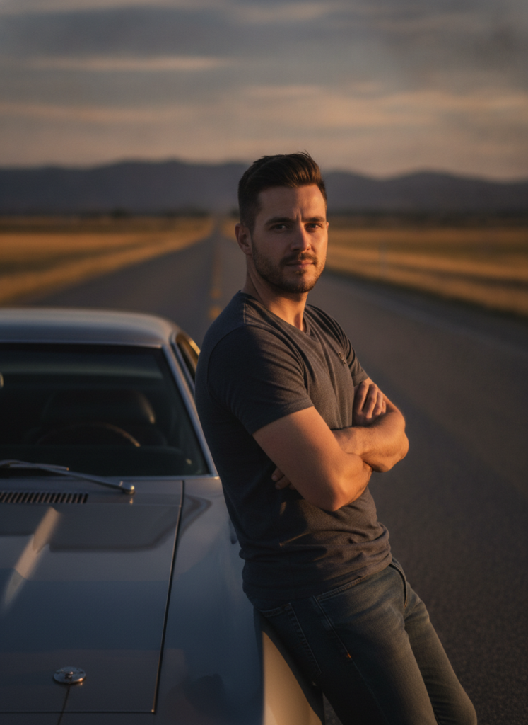 Пример по промту: Photorealistic photo of a man around 33 leaning against the hood of a dark car, arms cross