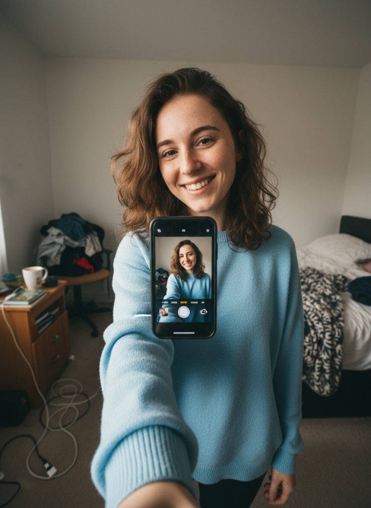 Пример по промту: Photorealistic selfie: a woman around 23 holding a phone at arm's length, slightly from ab