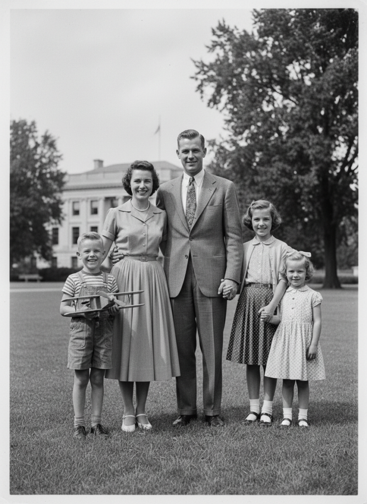 Пример по промту: Photorealistic restored vintage black and white family photograph, clean surface with no s