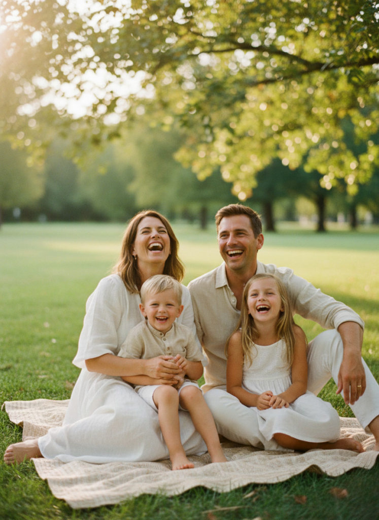 Пример по промту: Photorealistic family photo: parents around 35 and two children aged 5 and 8 sitting on a 