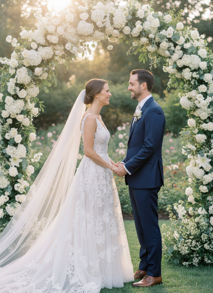 Пример по промту: Photorealistic wedding photo: a bride in a lace dress with a long veil and a groom in a na