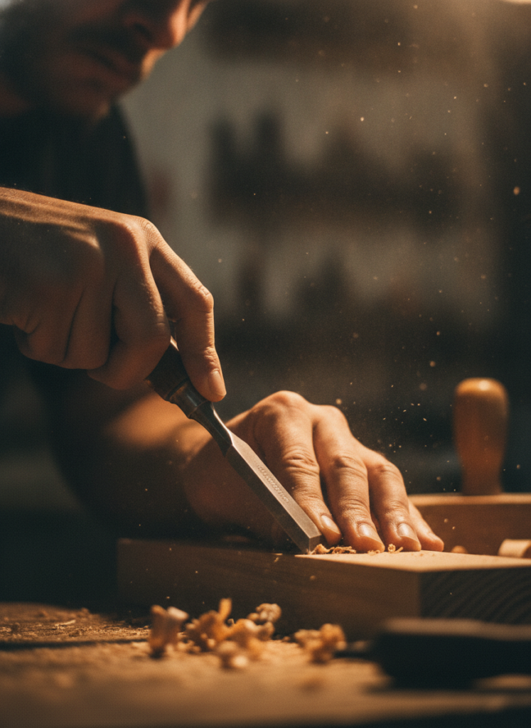 Пример по промту: Photorealistic photo of a craftsman at work: hands in close-up working on a piece, the too
