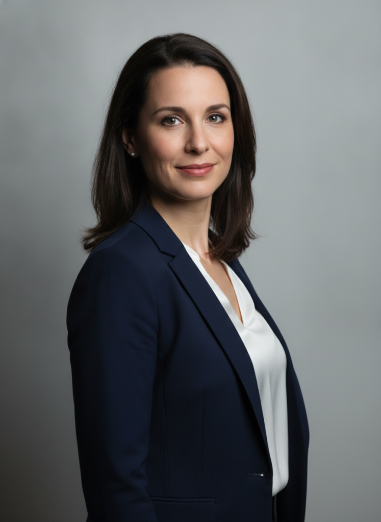 Пример по промту: Photorealistic business portrait: a woman around 38 in a navy blazer and white blouse, wai