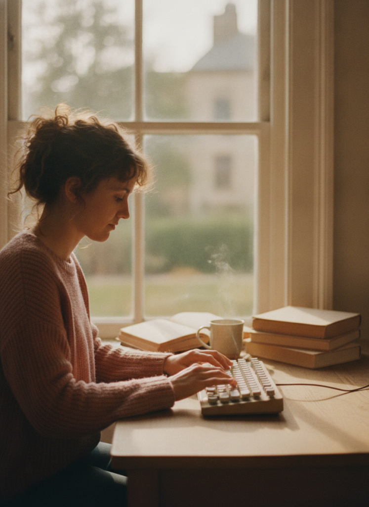 Пример по промту: Photorealistic photo of a person working at a desk by a window, soft daylight, muted warm 
